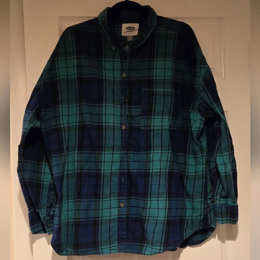 ❄️Old Navy Women's Plaid Green and Blue Flannel Boyfriend Button Down Shirt - Picture 1 of 3